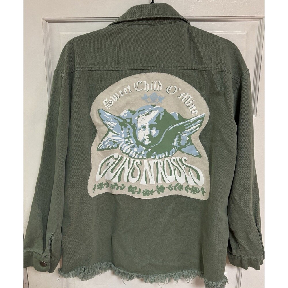 Guns N Roses Sweet Child O Mine Upcycled Light Green Stretch Denim Jacket Large